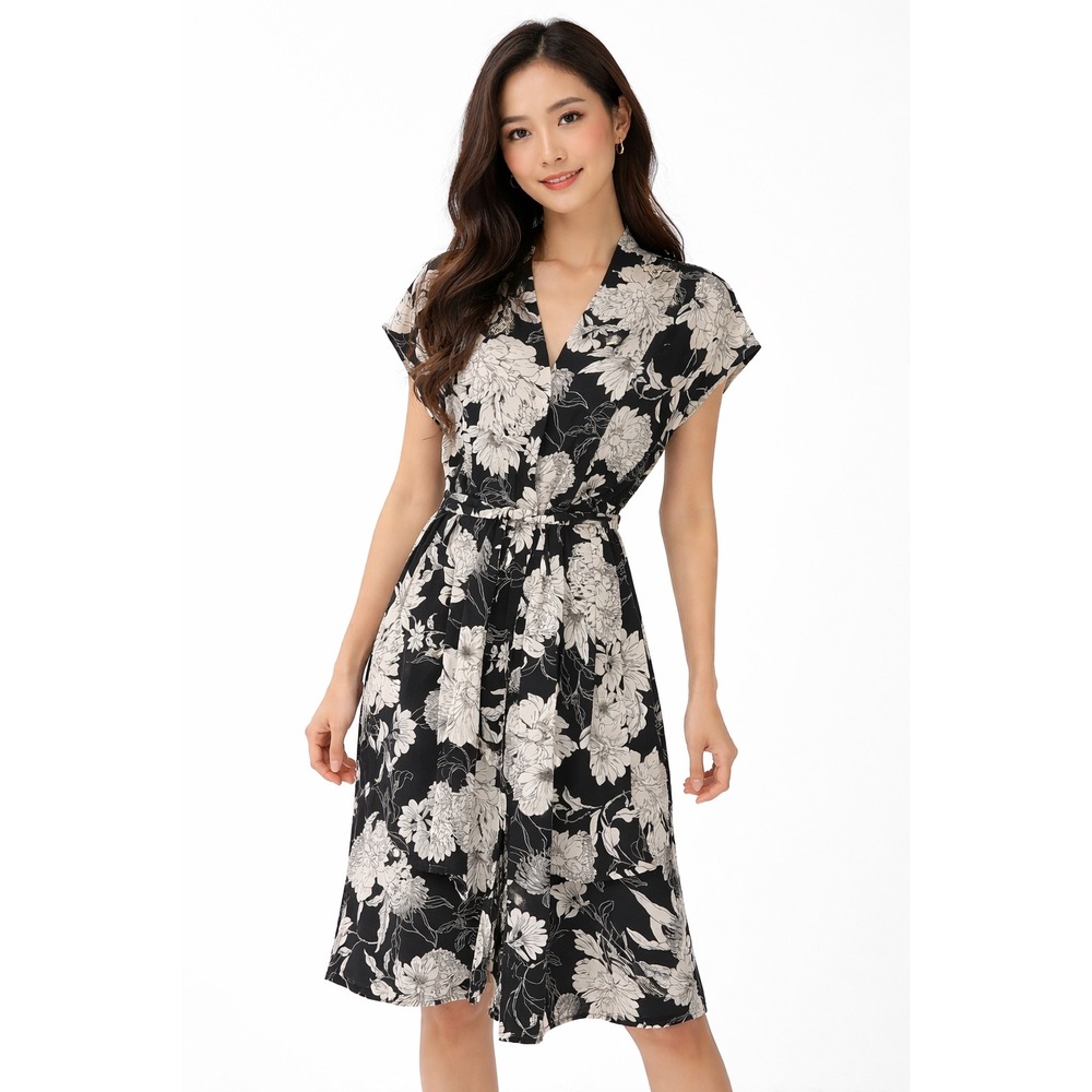H&M Black White Shirt Dress Short Sleeve Midi V-Neck 14 Preppy 102-18
